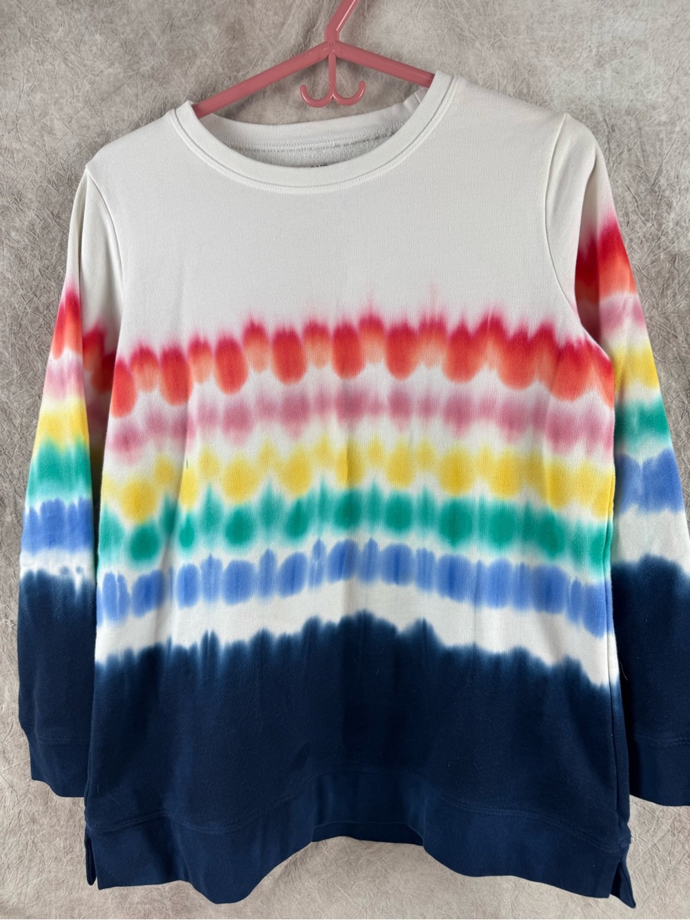 Lands' End Women's White Tie-Dye Sweatshirt with Rainbow Stripes